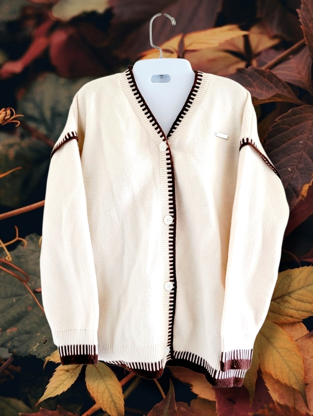 Dazy | Cream/Brown Contrast Trim Oversized Knit Cardigan (SIZE M)